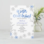 BLUE Winter ONEderland Snow Birthday Invite Kaart (Staand voorkant)