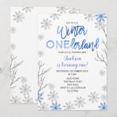 BLUE Winter ONEderland Snow Birthday Invite Kaart (Voorkant / Achterkant)