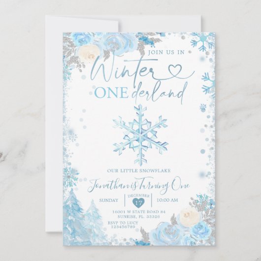 Blue Winter Onederland Snowflake 1st Birthday Invi Kaart (Voorkant)