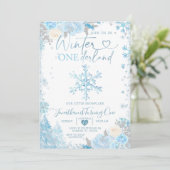 Blue Winter Onederland Snowflake 1st Birthday Invi Kaart (Staand voorkant)