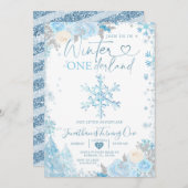 Blue Winter Onederland Snowflake 1st Birthday Invi Kaart (Voorkant / Achterkant)