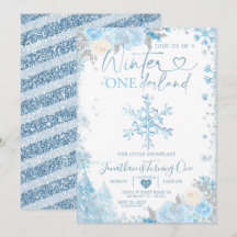 Blue Winter Onederland Snowflake 1st Birthday Invi