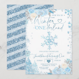 Blue Winter Onederland Snowflake 1st Birthday Invi Kaart