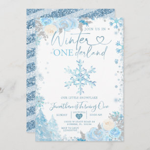 Blue Winter Onederland Snowflake 1st Birthday Invi Kaart