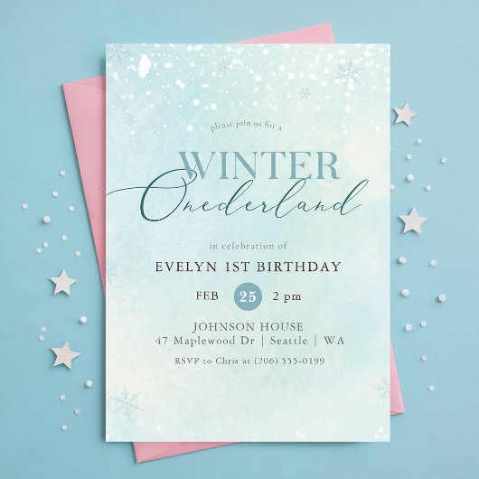 Blue Winter Onederland Snowflake First Birthday Kaart