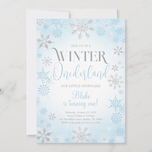 Blue Winter Onederland Verjaardagsfeestje Uitnodig Kaart (Voorkant)
