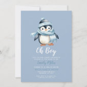 Blue Winter Penguin Baby shower Invitation Kaart (Voorkant)