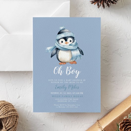 Blue Winter Penguin Baby shower Invitation Kaart