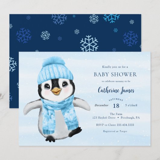 Blue Winter Penguin Baby shower Kaart (Voorkant / Achterkant)