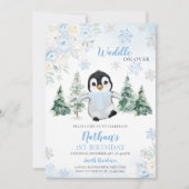 Blue Winter Penguin Verjaardagsfeest Kaart (Voorkant)