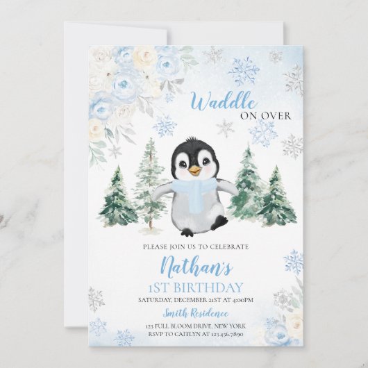 Blue Winter Penguin Verjaardagsfeest Kaart (Voorkant)