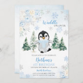 Blue Winter Penguin Verjaardagsfeest Kaart (Voorkant / Achterkant)