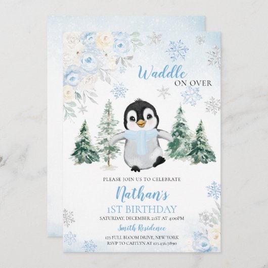 Blue Winter Penguin Verjaardagsfeest Kaart (Voorkant / Achterkant)