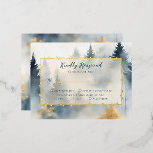 Blue Winter Pine Tree Forest Wedding RSVP Kaart