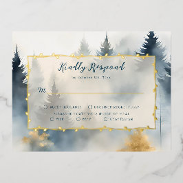 Blue Winter Pine Tree Forest Wedding RSVP Kaart