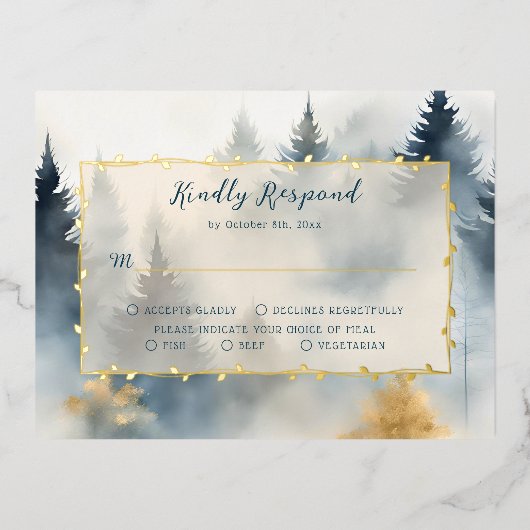 Blue Winter Pine Tree Forest Wedding RSVP Kaart (Voorkant)
