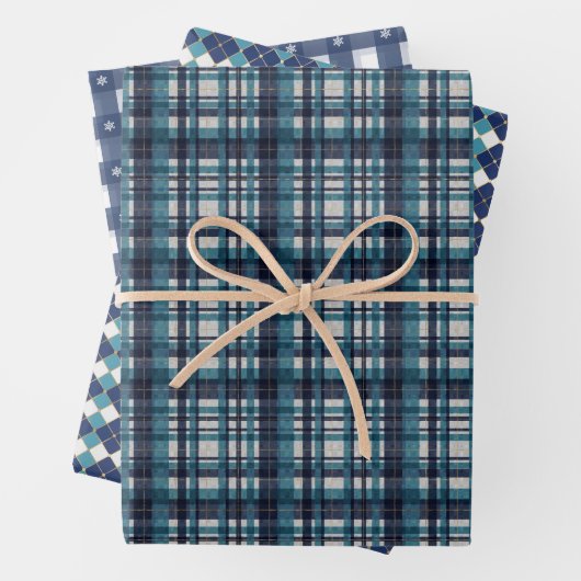 Blue Winter Plaid Assortment Inpakpapier Vel (In situ)