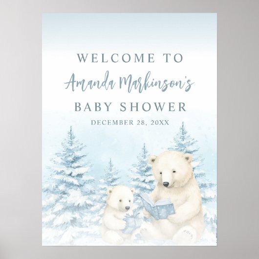 Blue Winter Polar Bear Watercolor Welcome Sign Poster (Voorkant)