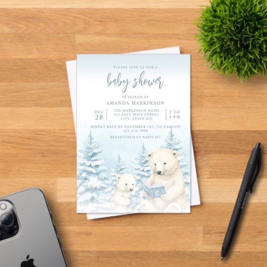 Blue Winter Polar Beer Waterverf Baby shower Acryl Uitnodigingen (Insitu (Uitnodiging))