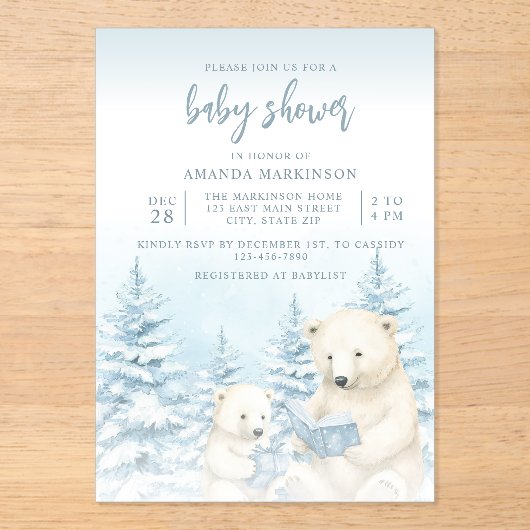 Blue Winter Polar Beer Waterverf Baby shower Acryl Uitnodigingen (Voorkant)