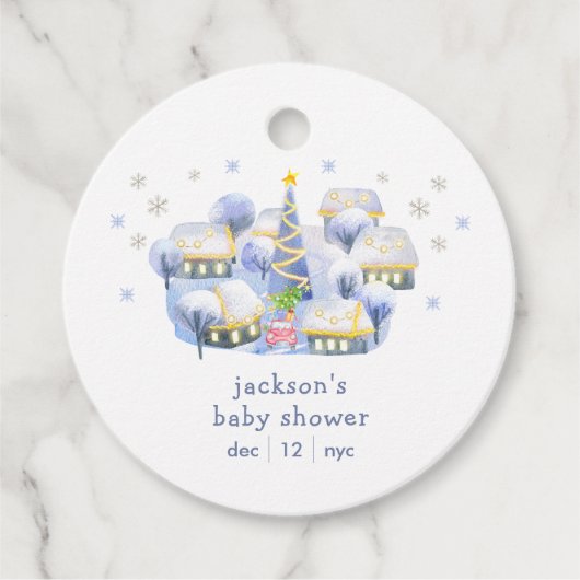 Blue Winter Snow It Take A Village Baby Shower  Bedankjes Labels (Voorkant)