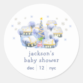 Blue Winter Snow It Take A Village Baby Shower  Ronde Sticker