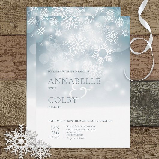 Blue Winter Snow Modern Wedding Invitation Kaart