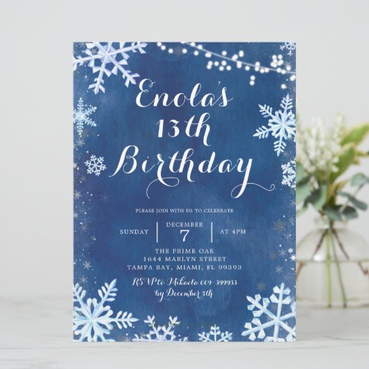 Blue Winter Snowflake Birthday - uitnodiging (Staand voorkant)