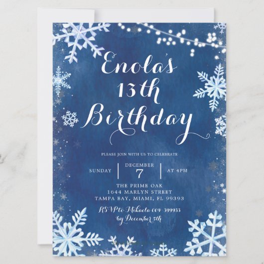 Blue Winter Snowflake Birthday - uitnodiging (Voorkant)