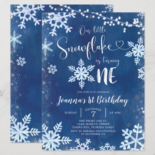 Blue Winter Snowflake First Birthday Invitation Kaart (Voorkant / Achterkant)