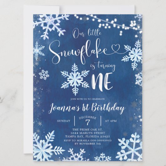 Blue Winter Snowflake First Birthday Invitation Kaart (Voorkant)