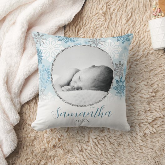 Blue Winter Snowflake Persoonlijke Baby foto Kussen (Deken)