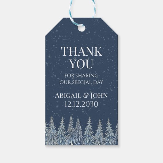Blue Winter Snowy Forest Wedding Thank You Cadeaulabel (Voorkant)