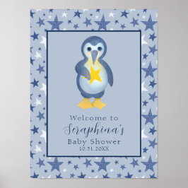 Blue Winter Star Penguin Baby shower Welkom Poster