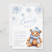 Blue Winter Teddy Bear Baby Shower Invitation Kaart (Voorkant)