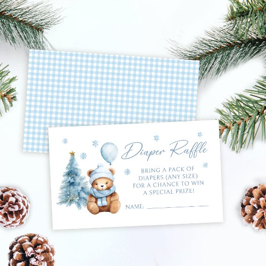 Blue Winter Teddy Bear Baby shower Luier Raffle Informatiekaartje