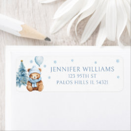 Blue Winter Teddy Bear Baby Shower Return Address Etiket