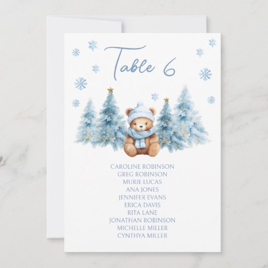 Blue Winter Teddy Bear Baby Shower Table Number (Voorkant)