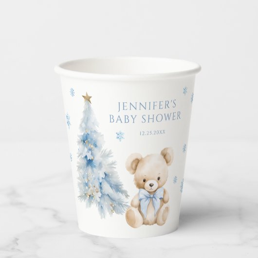 Blue Winter Teddy Bear Pine Tree Baby Girl Shower Papieren Bekers (Voorkant)
