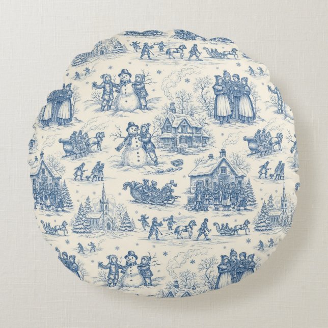 Blue Winter Toile Chinoiserie Rond Kussen (Voorkant)