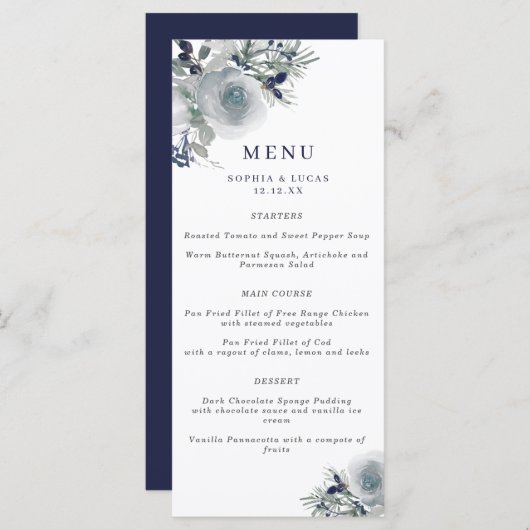 Blue Winter Waterverf Flowers Wedding Menu (Voorkant / Achterkant)