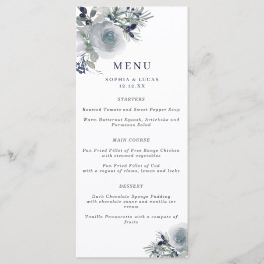 Blue Winter Waterverf Flowers Wedding Menu (Voorkant)