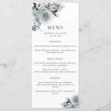 Blue Winter Waterverf Flowers Wedding Menu
