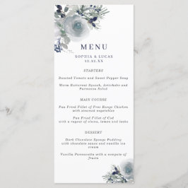 Blue Winter Waterverf Flowers Wedding Menu
