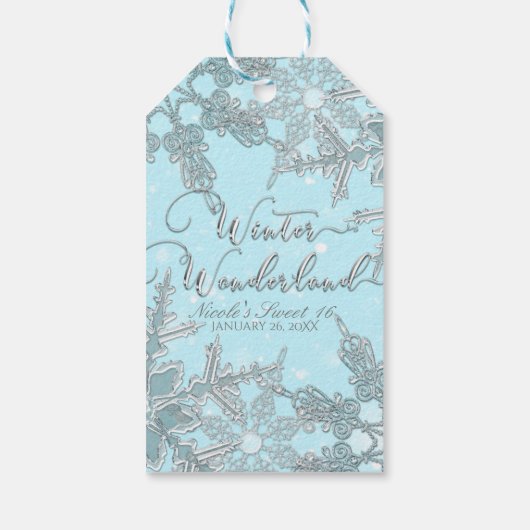 Blue Winter Wonderland Elegant Snowflakes Wedding Cadeaulabel (Achterkant)