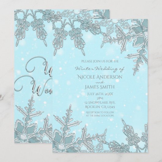 Blue Winter Wonderland Elegant Snowflakes Wedding Kaart (Voorkant / Achterkant)