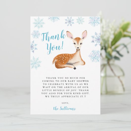 Blue Winter Wonderland Herten Baby shower Bedankkaart (Staand voorkant)