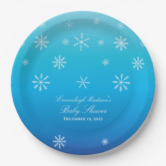 Blue Winter Wonderland Snowflake Baby shower Papieren Bordje (Voorkant)