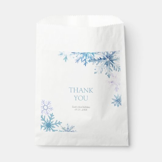 Blue Winter Wonderland Snowflake First Birthday Bedankzakje (Voorkant)