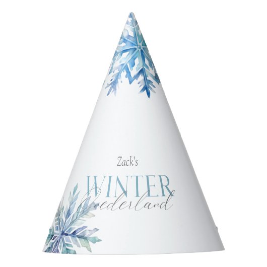 Blue Winter Wonderland Snowflake First Birthday  Feesthoedjes (Voorkant)